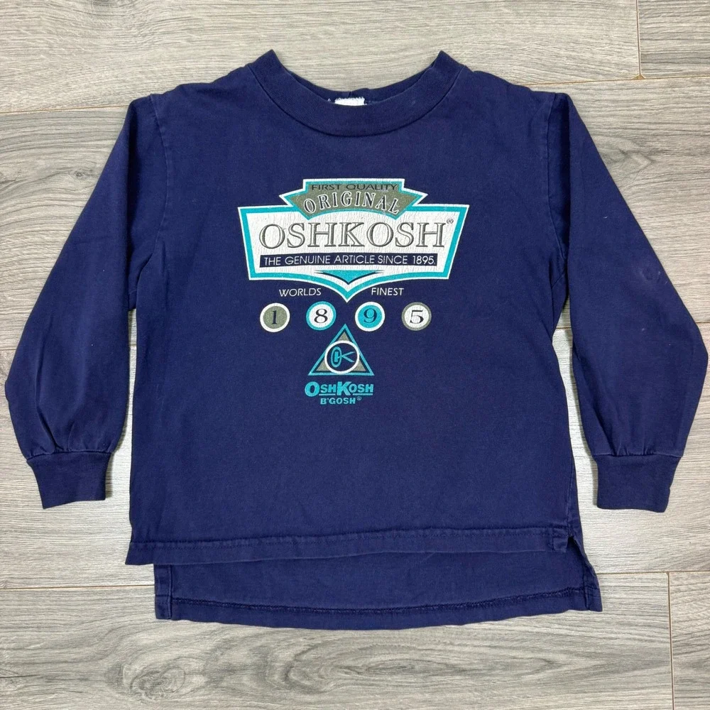 Vintage OshKosh Graphic Navy Kids Long Sleeve Tee Size 6/7 Retro‎ Heritage Shirt